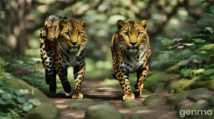 Two leopards runing lying , cool mossy rocks surrounded by exotic plants and flowers in rich jewel tones under a canopy of trees