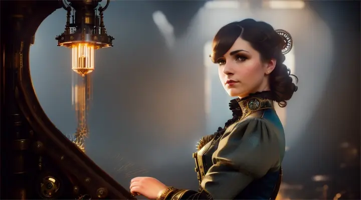 Beautiful woman in Steampunk workshop with intricate machinery, reality