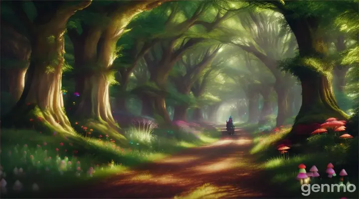 A realistic view  of racing through an enchanted forest with vibrant green trees, glowing mushrooms, and colorful magical creatures,