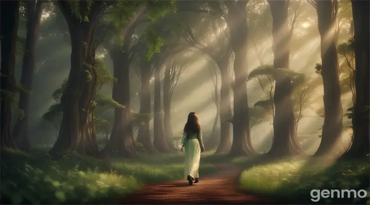 Here are prompts for each scene to create images, ensuring consistency with characters and setting:

Elara in the Enchanted Forest

Prompt: "A young girl named Elara, with flowing brown hair and wearing a simple dress, walks through a lush, misty forest. The trees are tall and ancient, with soft, glowing lights filtering through the dense canopy. Elara looks curious and determined as she follows a path through the magical woods."