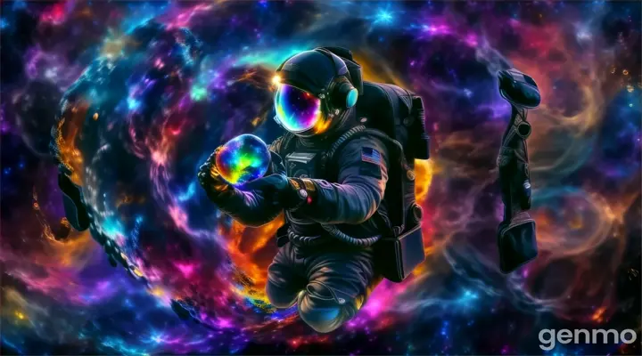 a man in a space suit holding a colorful planet