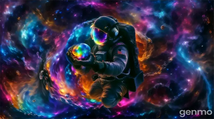 a painting of a man in a space suit holding a colorful planet