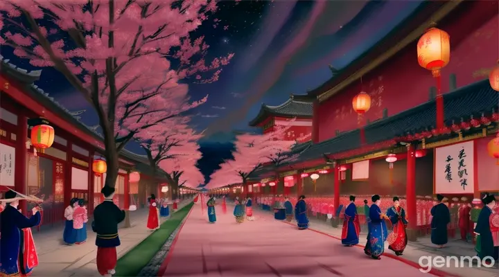 A procession of people holding lanterns as they celebrate the Cherry Blossom Festival, in Chinese style painting