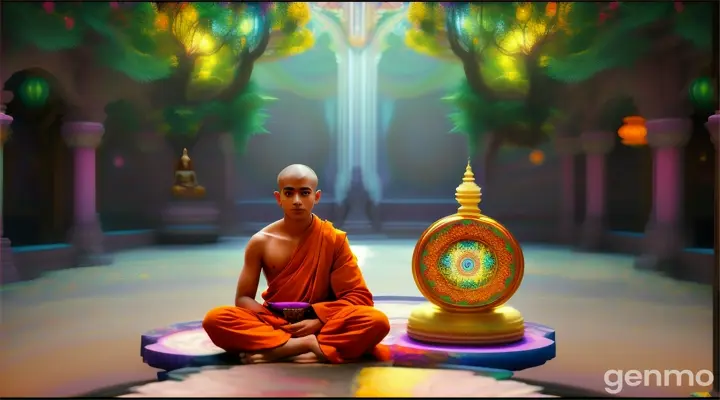 Young Hindu Monk's vision of the void, an infinite darkness filled with potential, contrasting with the vibrant life he previously saw.