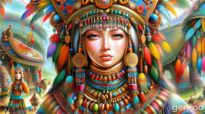 a painting of a woman wearing a colorful headdress