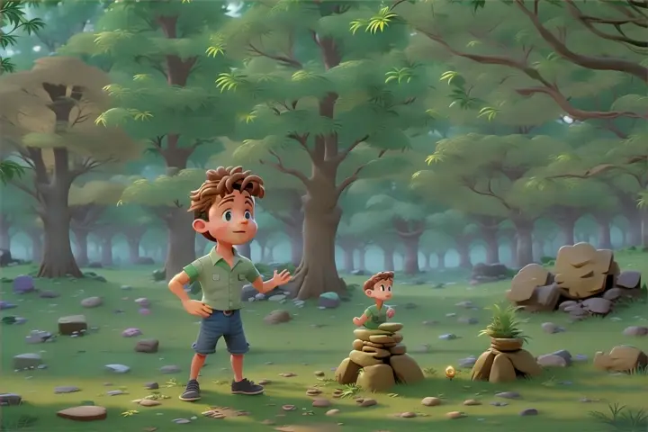 a boy standing in the middle of a forest