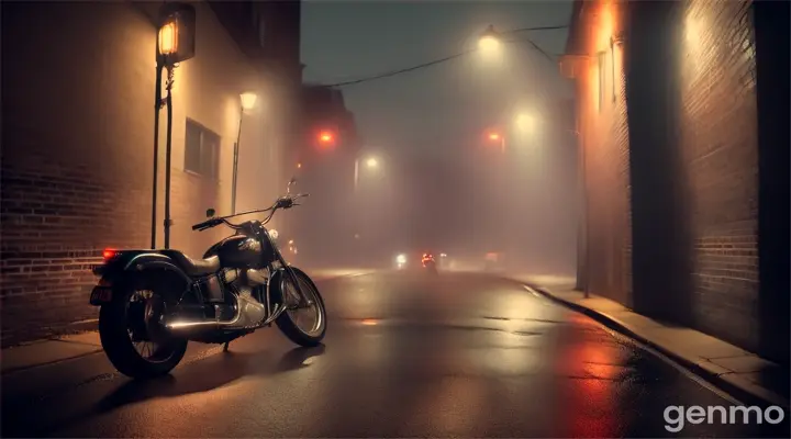 The scene is illuminated only by the dim headlights of a motorcycle