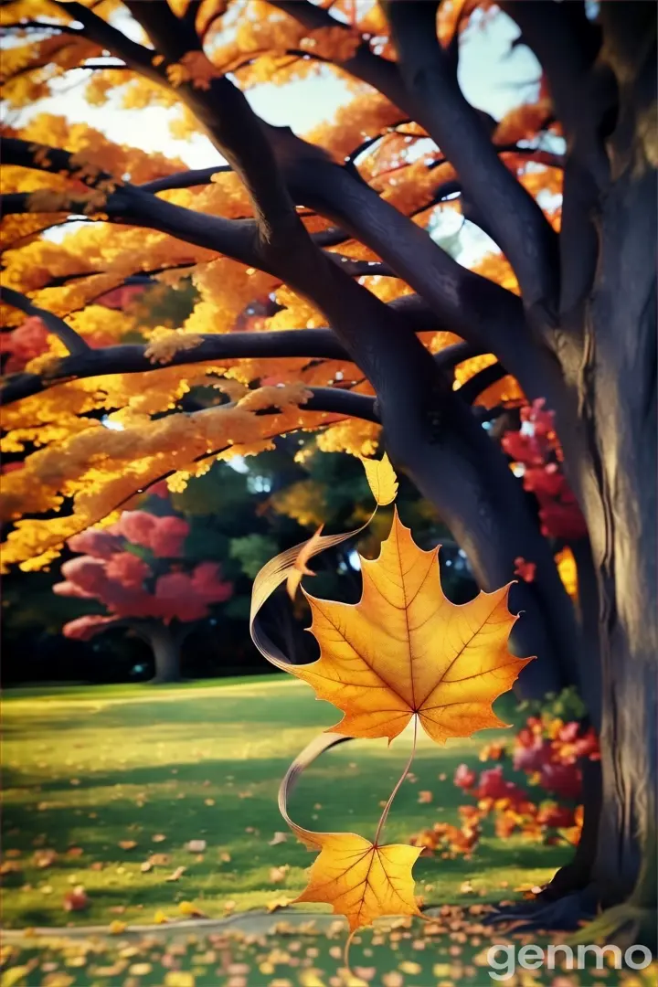 a leaf blowing in the wind in front of a tree