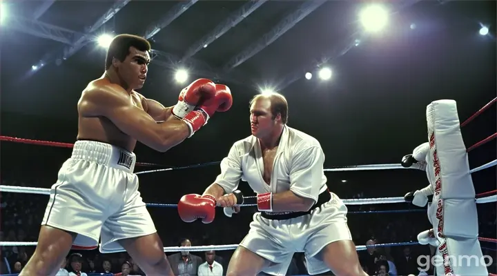 A detailed prompt for that scene might read:

"On March 24, 1975, in a packed arena, Muhammad Ali, the legendary boxing champion, prepares for his showdown against Chuck Wepner, the 'Bayonne Bleeder' from New Jersey. The atmosphere is charged with tension as the lights shine brightly on the ring. Ali, with his characteristic charisma and confidence, wears his white robe and red gloves, moving nimbly in the ring. In the opposite corner, Wepner, with a robust physique and determined look, is ready for the fight of his life. Both boxers are surrounded by trainers and journalists, while fans chant their names in a vibrant and emotion-filled atmosphere.