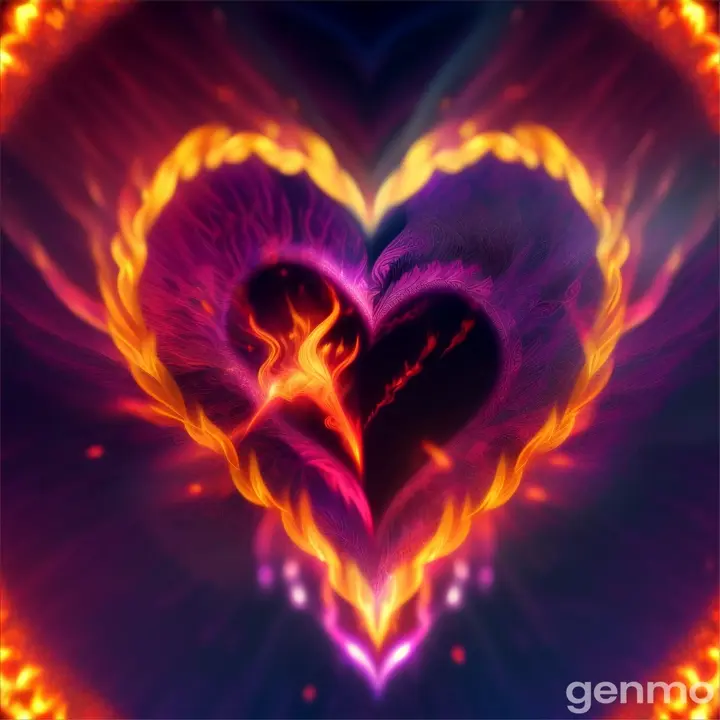 Burning Purple and red luminous highly detailed and realistic love heart ink detailed and breathtaking mostion for flames