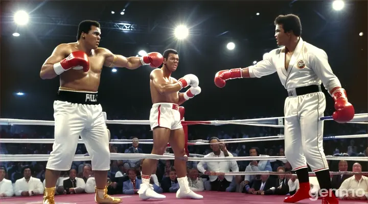  Es el 24 de marzo de 1975 en el Richfield Coliseum de Ohio. Muhammad Ali entra al estadio con su túnica blanca y guantes rojos, saludando con confianza a la multitud que lo ovaciona. En la otra esquina, Chuck Wepner, serio y concentrado, camina hacia el ring con su túnica dorada y guantes negros. El ambiente está lleno de emoción y expectación, mientras los dos boxeadores, rodeados de sus entrenadores, se preparan para el combate que todos han estado esperando.