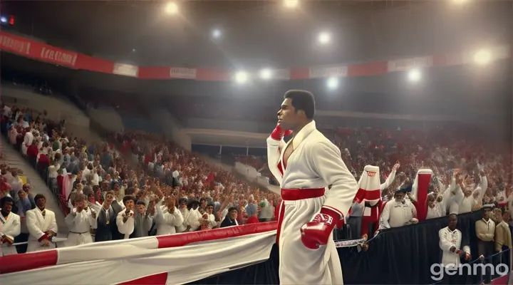  Es el 24 de marzo de 1975 en el Richfield Coliseum de Ohio. Muhammad Ali entra al estadio con su túnica blanca y guantes rojos, saludando con confianza a la multitud que lo ovaciona.