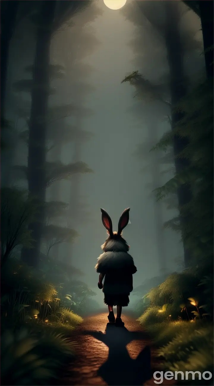 A cute 3D Pixar-style rabbit cub with a large, fluffy mane and expressive eyes is walking alone through a dark jungle at night. He wears a red t-shirt and gray shorts, calmly taking steps as the wind rustles through the trees around him. The jungle is dense and mysterious, with tall, shadowy trees and thick undergrowth. Moonlight barely breaks through the canopy, casting eerie shadows on the forest floor. The atmosphere is both spooky and serene, with the sound of leaves rustling in the wind and distant animal calls adding to the sense of isolation.