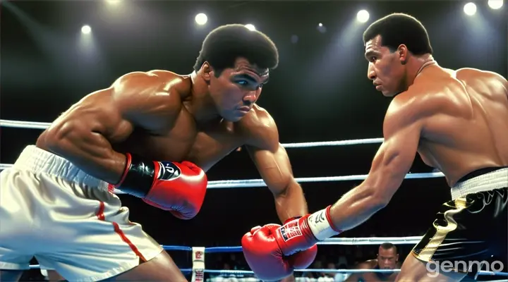  En los primeros asaltos, Muhammad Ali se mueve con agilidad, bailando alrededor de Chuck Wepner. Con sus pies ligeros y rápidos, Ali lanza jabs precisos que impactan en Wepner, quien intenta avanzar con su poderoso estilo, pero se queda corto.