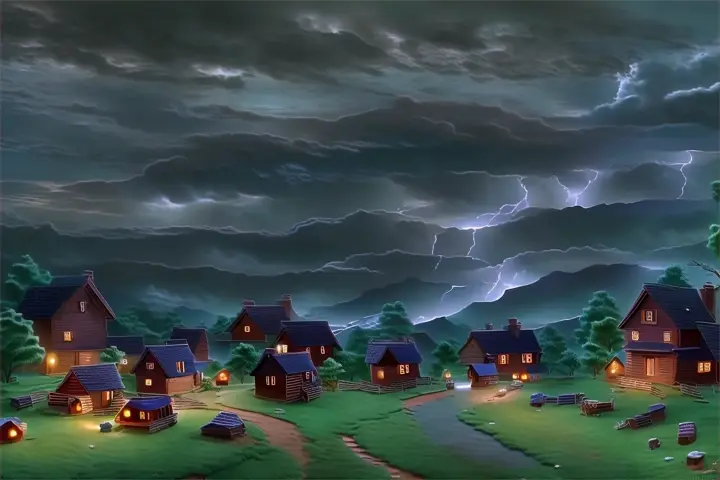 a painting of a storm in the sky over a village