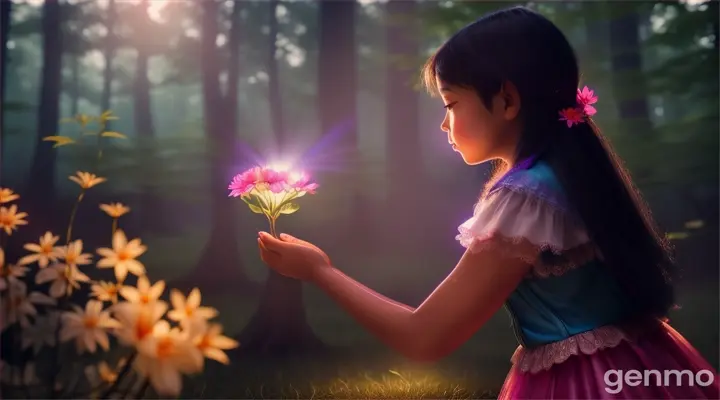 Show Amaya discovering a glowing flower that disappears as she tries to touch it, hinting at the magical nature of the forest.
