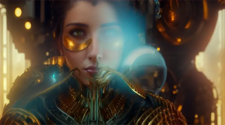 A beautiful woman in a golden hour laboratory full of gears and machinery, posing as a futuristic botanist holding exotic specimens.