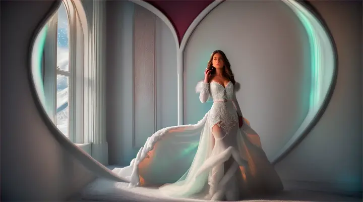 Beautiful woman posed in a white winter palace, aurora borealis and snow-covered landscape visible through large windows