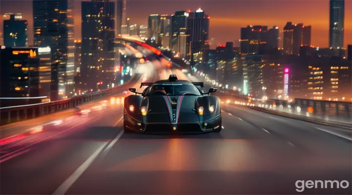 An elevated view of the Pagani Zonda driving towards city skyline with birds-eye view as if racing out of the city.