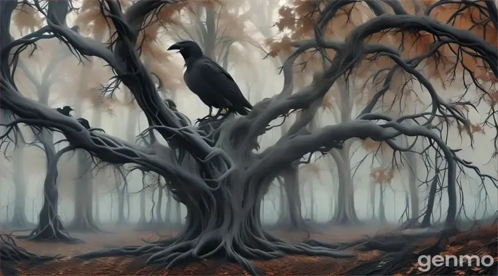 A frightening tree in the middle of the forest that looks like a skeleton, with twisted, bone-like branches. A black crow sits on one of the branches, staring intensely with its piercing eyes. The atmosphere is haunting, with a cold wind blowing and dry leaves scattered around.