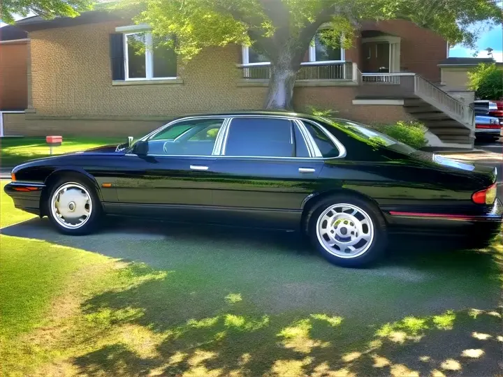 this is a 1999 Jaguar XJ8, have it drive down a long winding road and park right in the middle of a parking lot with all other types of jaguars. , advertising style