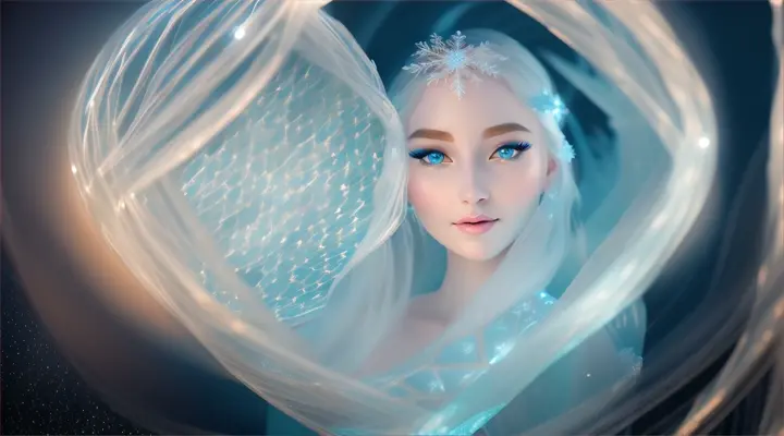 Beautiful woman in Intricate ice sculptures in a moonlit winter festival, sparkling and ethereal, digital illustration