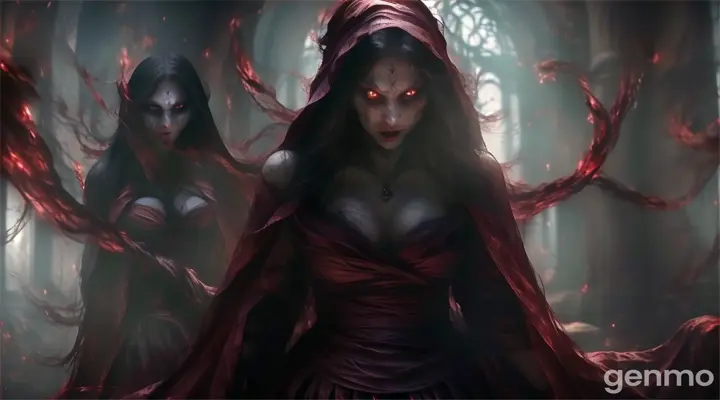 The witch's ghostly apparition slowly materializing inside the temple. Her red eyes burn with fury, and she has a menacing smile on her face. The air around her is filled with swirling, dark smoke, and her hands are raised as if casting a spell. The scene is filled with tension and terror, with shadows dancing on the temple walls.