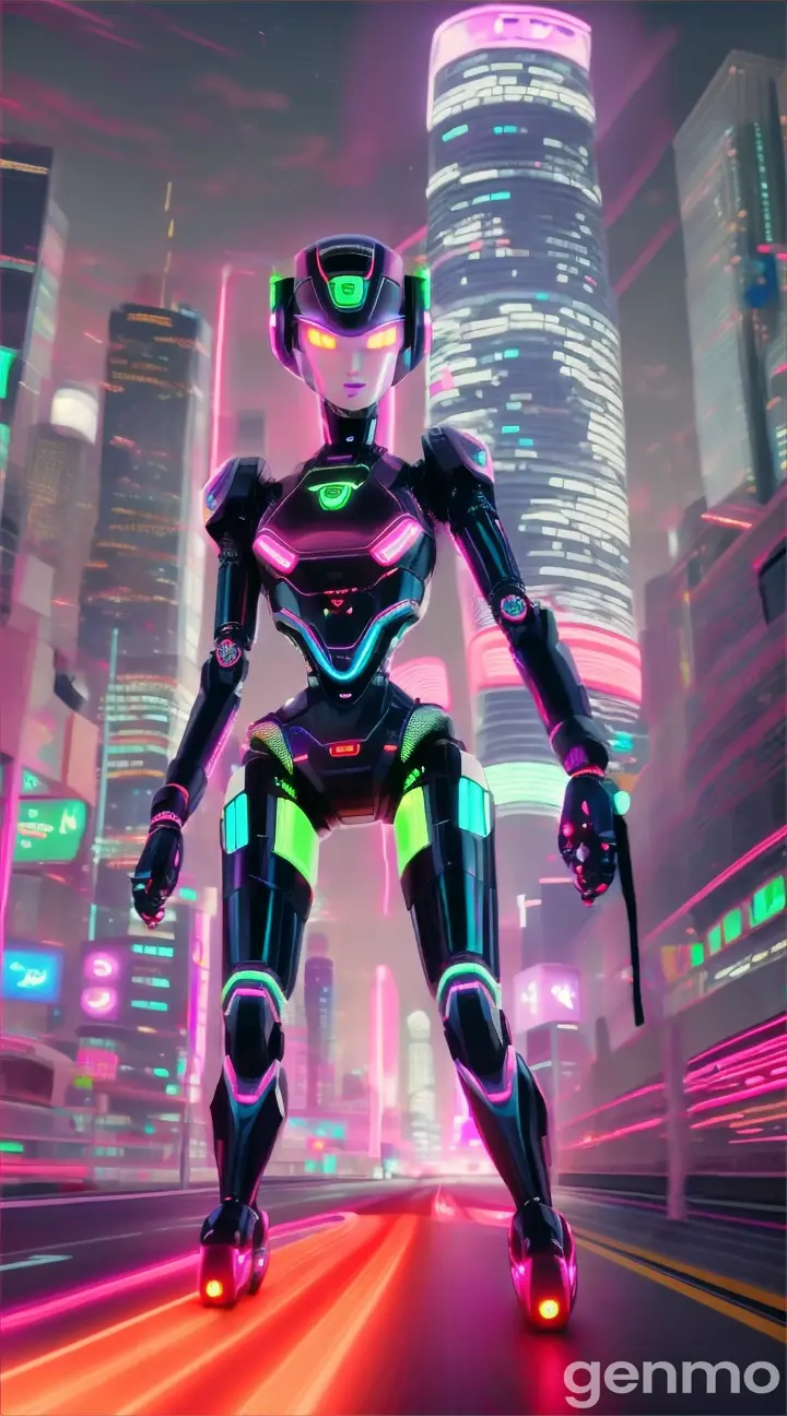 Smart girl racing a friendly robot across a futuristic cityscape adorned in neon, holographic ads, 9:16 ratio