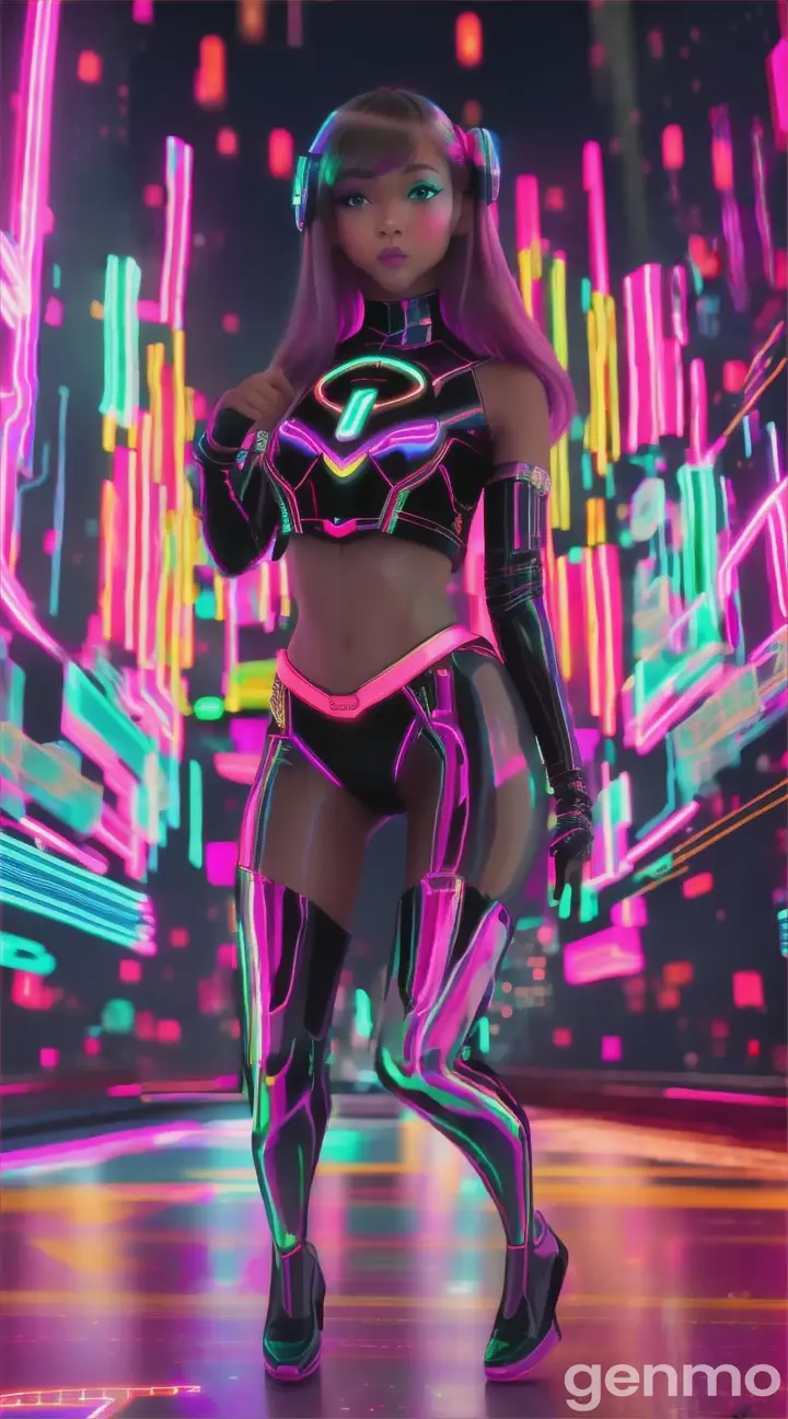 Smart girl dancing in a city of neon, with a futuristic edge. Buildings gleam with metallic finishes and the surroundings are accented with holographic projections, 9:16 ratio