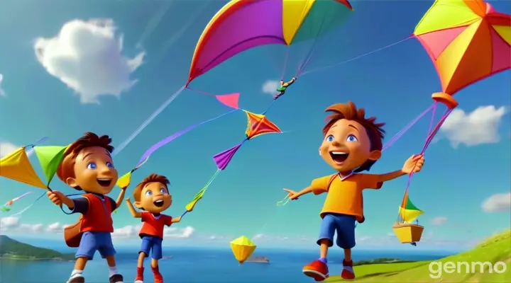 a couple of kids flying kites over a lush green field