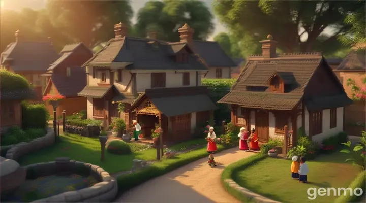 In 3D animation style'A bustling, quaint village with modest houses and vibrant greenery. In the foreground, a kind man in traditional attire, Nasir Ali, is tending to a small garden, showing a sense of humility and contentment.