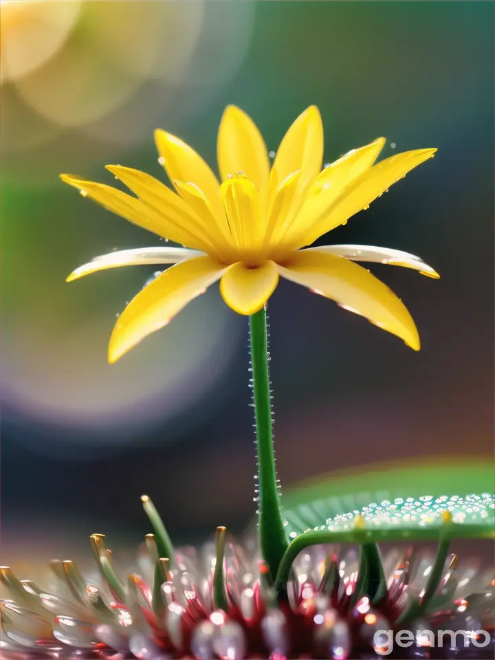 flor amarela sendo regada com poucas gotas de água