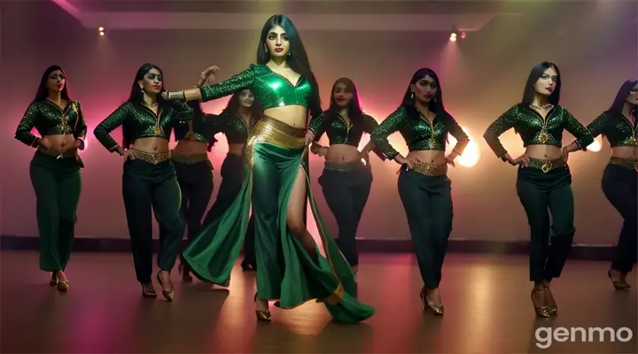 Medium shot of a glamorous Pakistani woman in a stylish dark green outfit dancing energetically with backup dancers, vibrant lights, and a modern, luxurious setting, capturing a glamorous Bollywood vibe.