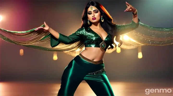 Medium shot of a glamorous Pakistani woman in a stylish dark green outfit dancing energetically with backup dancers, vibrant lights, and a modern, luxurious setting, capturing a glamorous Bollywood vibe.