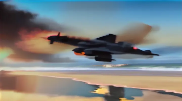A dramatic scene of an airplane on fire, descending into the ocean, dark smoke billowing, bright flames illuminating the sky, waves crashing below, intense sunset colors, emergency rescue boats nearby, advertising style