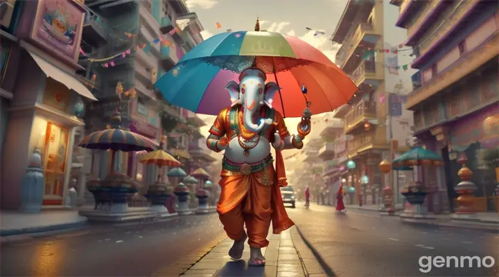 Imagine Ganesh Ji, the revered Hindu
deity, strolling down a bustling road. He holds a
colorful umbrella in his hand, which contrasts with
his traditional attire and the lively urban backdrop.
The scene blends the divine with the everyday,
showcasing Ganesh Ji's serene presence amidst
the modern world." 3D animated 