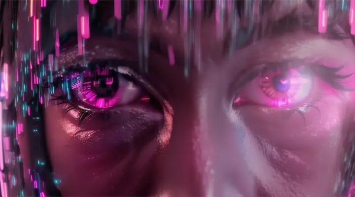 eyes on the whole screen look invitingly at the camera, squint, wink, neon city at night, heavy rain, anime style