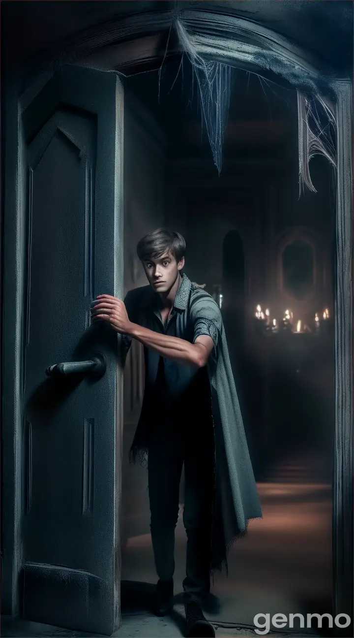 Young man, cautiously pushing open an old, dusty door of the haunted mansion, walking inside as cobwebs hang from the ceiling