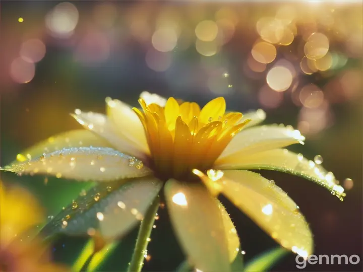 Small droplets of water illuminated in the sun, on a yellow flower's petals