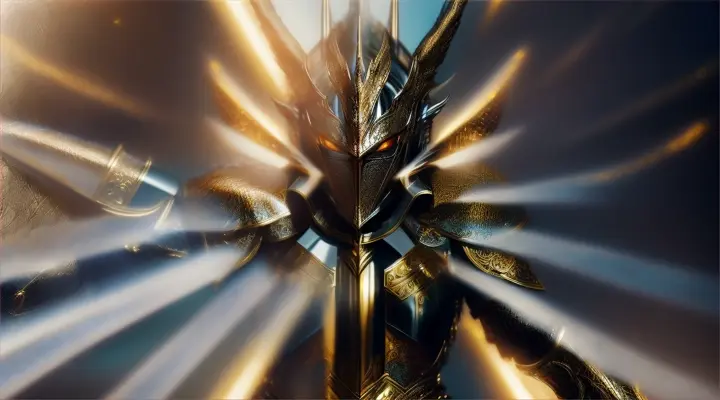 Beautiful woman in Gleaming knight's armor in battle, metalwork with silver and gold inlay, emphasizing texture and reflection