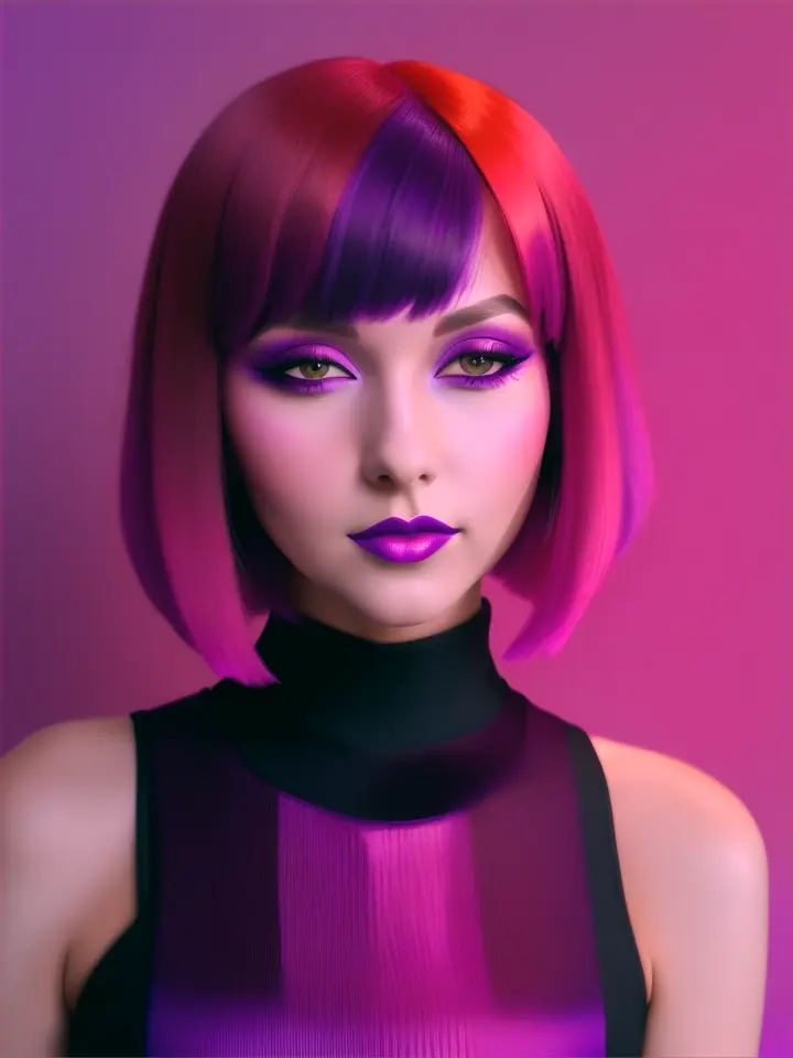 A smiling woman with a stylish bob haircut featuring vibrant purple and orange highlights. She has bold purple eyeshadow and glossy pink lipstick. Her outfit is a sleeveless, high-neck top with vertical stripes in black, purple, and pink. The background consists of warm, abstract colors, enhancing the energetic vibe of the image. 
--no haze, illustration, cartoon, tilt-shift, depth of field