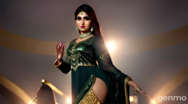 Medium shot of a glamorous Pakistani woman in a stylish dark green outfit dancing energetically with backup dancers, vibrant lights, and a modern, luxurious setting, capturing a glamorous Bollywood vibe.