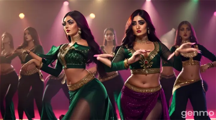 Medium shot of a glamorous Pakistani woman in a stylish dark green outfit dancing energetically with backup dancers, vibrant lights, and a modern, luxurious setting, capturing a glamorous Bollywood vibe.