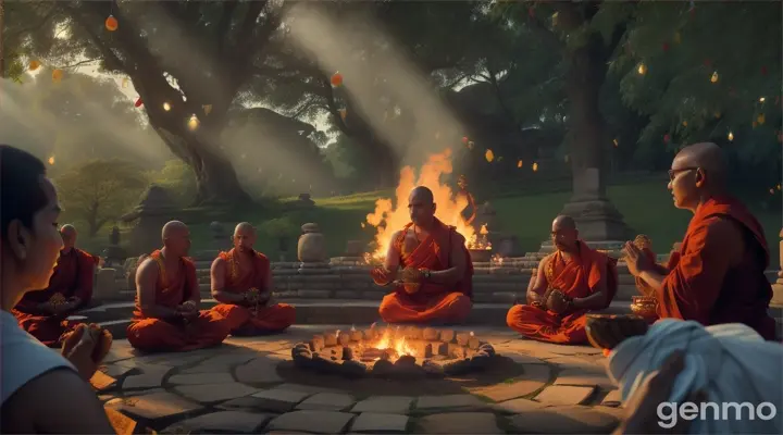 A scene of Indian monks, in traditional attire, conducting a Yaga ceremony with offerings and chanting mantras around a holy fire, set against the backdrop of a lush forest and ancient stone structures, hyperrealistic, photorealistic, hyper-detailed, cinematic lighting, 16:9 aspect ratio, Ultra 8K.
