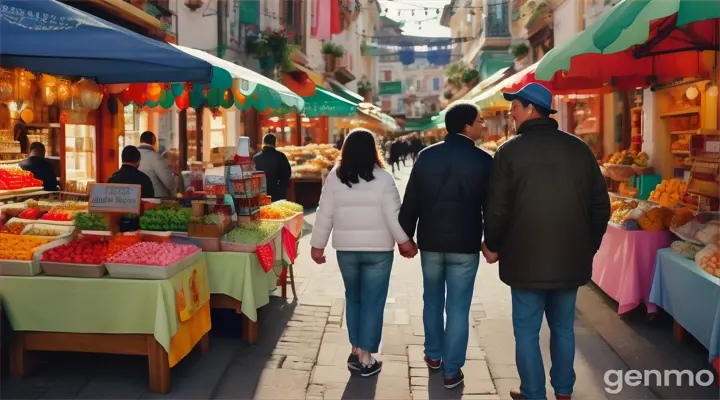 Location: A small marketplace, vibrant with life.
Action: The couple walks together through the market, their fingers intertwined. He stops to buy her a small trinket, showing that she is his only desire. Some different 