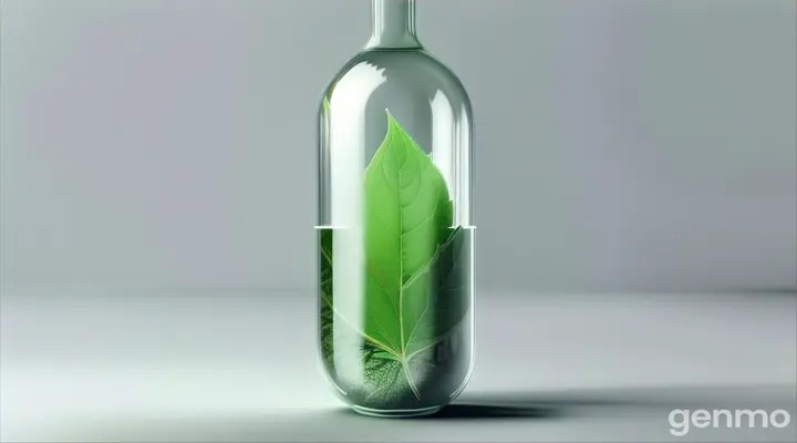 a bottle with a green leaf inside of it