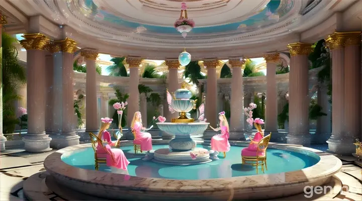 At the palm beach close by the sea by a group of lyre-playing beautiful female nymphs in pink silk robes sitting on stools by a marble basin with water in the center of a circular open marble temple with a circular marble roof supported by edges of marble columns.  