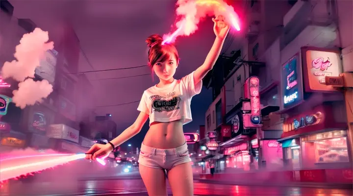 girl in white t-shirt waving colored smoke bombs, neon city street full of cars at night, heavy rain, anime style, wide shot from behind