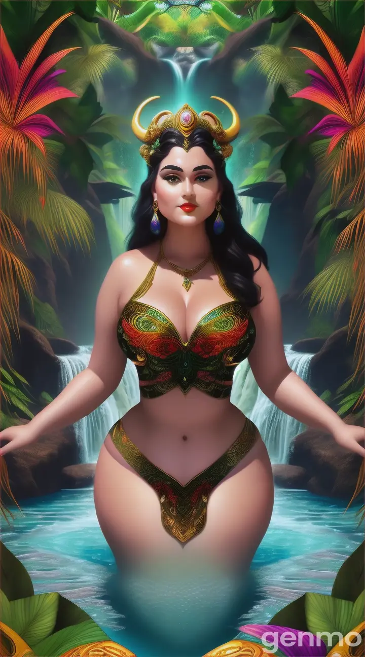 Art Deco-style Taurus goddess bathing in serene waterfall amidst lush, vibrant jungle setting, voluptuous, thicc, curvy