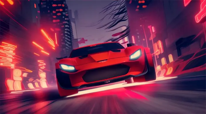 A red racecar speeding through a dark, neon-soaked cityscape in the style of Genndy Tartakovsky's animation